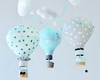 Mobile in turquoise and gray with dots and stars pattern / Clouds, balloons theme / baby boy, baby girl nursery / Neutral gender nursery