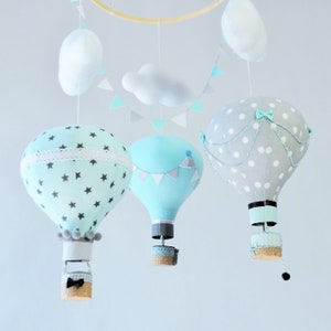 Hot Air Balloon Nursery Mobile, Turquoise Gray, Clouds Stars
