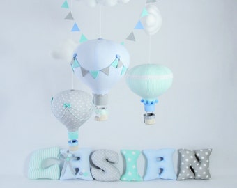 Hot air balloons mobile / Clouds and balloons nursery theme / Baby boy mobile / Pastel colors blue, mint, gray / Adventure mobile / Travel