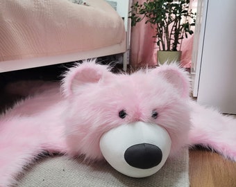 Teddy bear-shaped rug for baby girl. Pink fur mat with a teddy bear. Brown, gray, white or pink fur available. Sweet soft fur rug for a girl