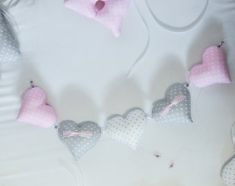 Hearts Garland, nursery wall garland, Heart decoration, Heart banner, fabric hearts, nursery hearts garland, pink, grey, blue, mint