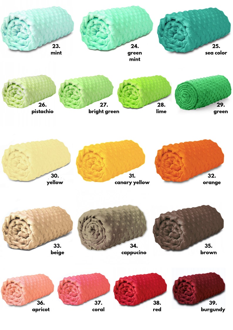 May include: A collection of 16 rolled up blankets in various colours, including mint, green, pistachio, yellow, beige, apricot, coral, red, and burgundy. Each blanket is labelled with a number and a colour name.