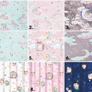 May include: Nine different fabric designs featuring a variety of patterns including stars, clouds, moons, unicorns, and owls. The designs are in various colours including blue, pink, grey, and white. The fabric is perfect for crafting projects like quilts, pillows, and clothing.