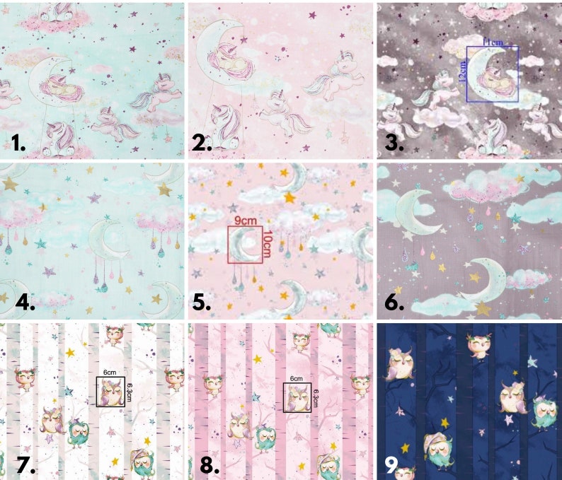 May include: Nine different fabric designs featuring a variety of patterns including stars, clouds, moons, unicorns, and owls. The designs are in various colours including blue, pink, grey, and white. The fabric is perfect for crafting projects like quilts, pillows, and clothing.