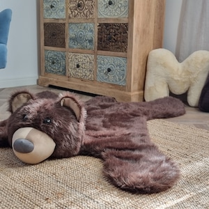 55x44 IN Nursery Bear Rug for Woodland Theme Room / Baby Room Grizzly Bear Mat / Brown Gray White or Pink Fur Rug for Bayby Boy or Baby Girl