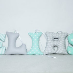 Fabric letters, nursery wall letters, fabric name banner, baby room decor, guirlande prénom, mint nursery, unisex nursery, mint gray sign