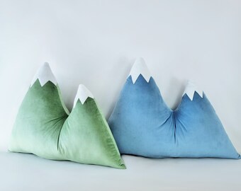 Large (19x27 IN) Mountain Range Pillow / Decorative cushion / Velvet velour letter pillow / Grey with White Snow Caps / Woodland theme