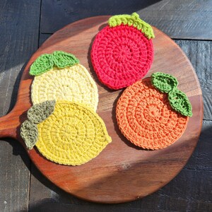 Handmade crochet Fruit Coaster set four 4 Spring Summer crocheted cotton Lemon Strawberry Watermelon Orange Hand-made food coaster hand made