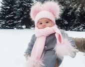 Baby Kids Girl Boys Kid Pom Pom Wool Fur Cute Winter Pink Blue White Grey Hat and Scarf set