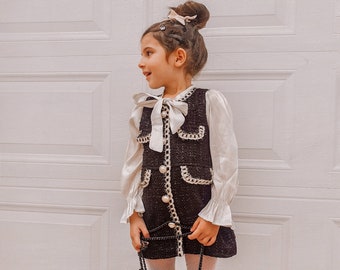 Girl kids designer inspired fashion blouse tweed trendy long sleeve spring  dress