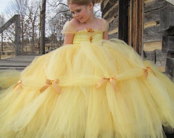 Girl Belle Halloween Wedding Princess Birthday Flower Gown Tutu Yellow Pink Blue White Dress