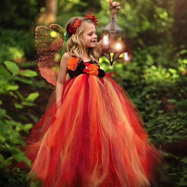 Girls FAIRY Costume Birthday Photoshoot Tutu Kids Flower Baby Gown Princess Orange Dress