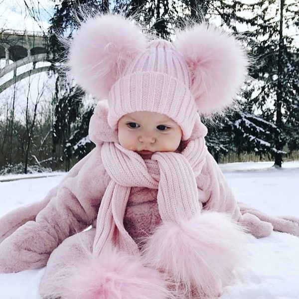 Baby Kids Girl Boys Kid Pom Pom Wool Fur Cute Winter Pink Blue White Grey Hat and Scarf set !