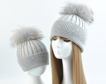 Mommy and Me matching winter wool fur pom pom cute boys girls hat gray white pink red beige