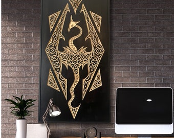 Skyrim Wood Art, Skyrim Dragon Carving, Skyrim symbol, Geometric WoodArt, 3D Wood Art, Gameroom Decor, Mancave Decor, Fan Room, Carving art.