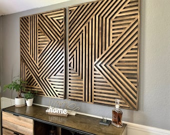 Geometric Wood Art, Wood Wall Art, Large Rustic Wall Art, Wood Art, Modern Wood Art, dark bown stain, Wood slat art, handmade, 3d wood art