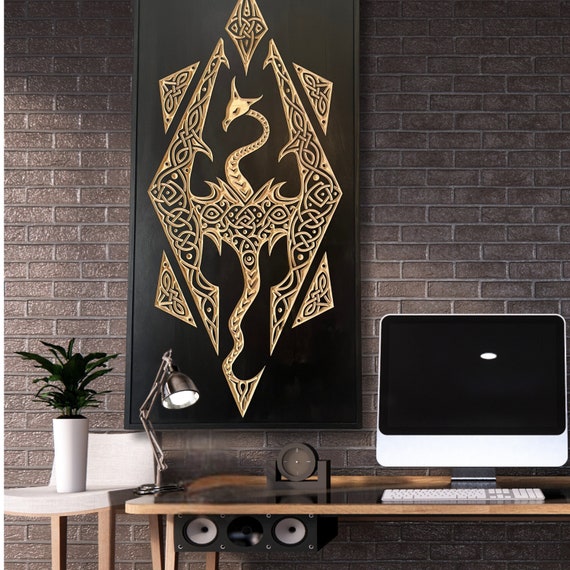 Skyrim Wood Art, Skyrim Dragon Carving, Skyrim symbol, Geometric WoodArt, 3D Wood Art, Gameroom Decor, Mancave Decor, Fan Room, Carving art.