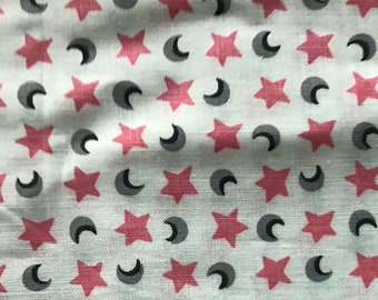 Vintage 50&#39;s Pink Stars Gray Moons Cotton Print Fabric By the Half Yard Cuts