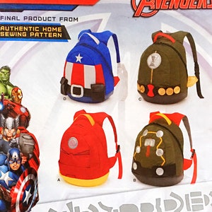 May include: A Simplicity sewing pattern featuring designs for Avengers-themed backpacks. The pattern includes instructions for creating backpacks in various colors and styles, with the Avengers logo prominently displayed.