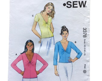 Kwik Sew 3378 Twist Front V Neck Tops Stretch Knit Plunging Neckline Short Long Three Quarter Sleeve Uncut Sewing Pattern