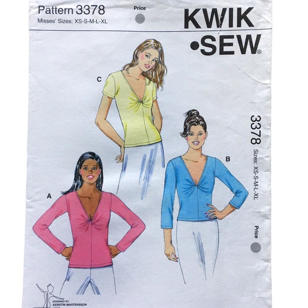 Kwik Sew 3378 Twist Front V Neck Tops Stretch Knit Plunging Neckline Short Long Three Quarter Sleeve Uncut Sewing Pattern