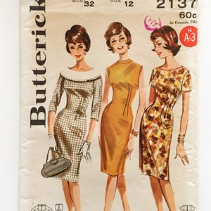 Vintage 60s Butterick 2137 Sheath Dress Bertha Collar Jewel Neckline Misses 12 Bust 32 Uncut Sewing Pattern