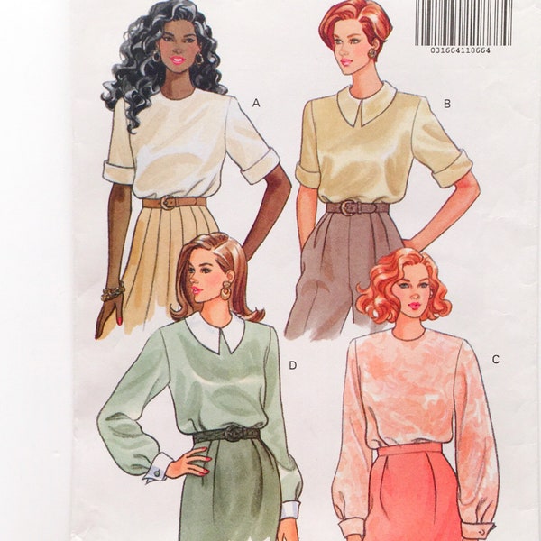 Butterick 5806 Pullover Top Keyhole Back Cuffed Full Sleeves Misses 6 8 10 Bust 30.5-32.5 Uncut Sewing Pattern