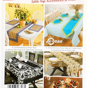 Op de afbeelding: Een Simplicity patroon envelop voor tafelaccessoires en stoel kussens. De omslag toont afbeeldingen van verschillende tafelopstellingen met tafellopers, placemats en tafelkleden. De tekst op de envelop luidt "EASY! Table Top".