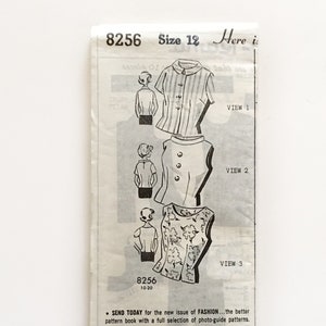 May include: A vintage sewing pattern packet, size 12, featuring illustrations of three different blouse designs. The packet includes the number 8256 and text that reads "SEND TODAY for the new issue of FASHION..." and "CHECK THESE !!".