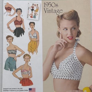 May include: A vintage Simplicity sewing pattern for 1950s-style tops. The pattern features illustrations of various halter tops and crop tops. The cover includes a photo of a woman wearing a polka dot halter top and yellow skirt.