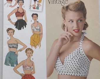 Patrón de costura sin cortar Simplicity 1426 para señoras, estilo vintage, de los años 50, con cuello halter y sin tirantes, talla 14, 16, 18, 20 y 22. Busto 36-44.