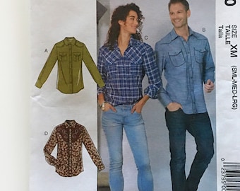 Patrón de costura sin cortar McCall's 7980 para camisas vaqueras para hombres y mujeres, variaciones de canesú, bolsillos con solapa y botones, tallas S, M, L