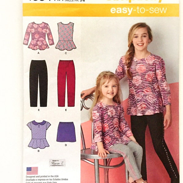 Patron de couture Simplicity 1334 Haut à basque, minijupe et pantalon slim pour filles 3 4 5 6 non-coupure