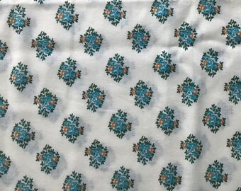 Vintage Blue Green on Cream Print Floral Fabric 1-3/4 yards