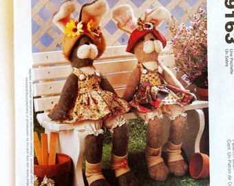 McCall's 9163 Bunnies Straw Stocking 18" Tall Rabbit Dolls with Dresses, Bloomers, Hats and Socks Uncut Sewing Pattern