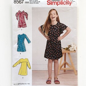 Simplicity 8567 Girls Dresses Flutter Sleeve Neckline Variations 8-16 Uncut Sewing Pattern