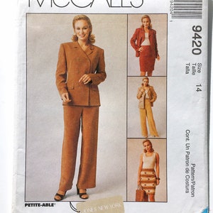 May include: A sewing pattern for a women's suit. The pattern is for a double-breasted jacket and wide-leg pants. The pattern is from McCall's and is size 14. The pattern is called "Petite-Able" and is from Jones New York.