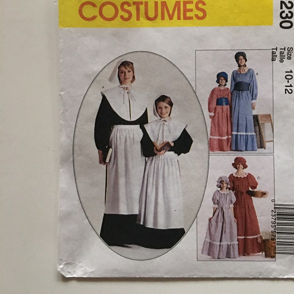 McCalls 7230 Girls Colonial Quaker Prairie Dress Costumes 10-12 Uncut Sewing Pattern