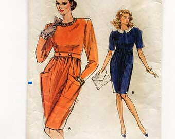 Vogue 7296 Raised Waist Tapered Dress Big Pockets Misses 6 8 10 Bust 30 31 32 Uncut Vintage 80s Sewing Pattern