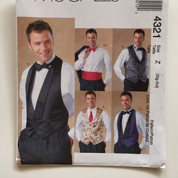 McCall's 4321 Mens Vests Cummerbund Bow Tie XL XXL Chest 46-52 Uncut Sewing Pattern