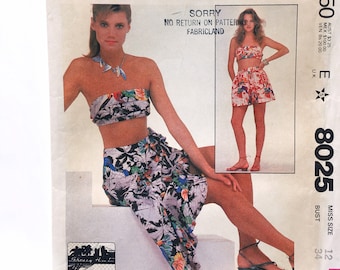 McCall&#39;s 8025 Bandeau Strapless Top Shorts Sarong Wrap Skirt Misses 12 Bust 34 Uncut Sewing Pattern