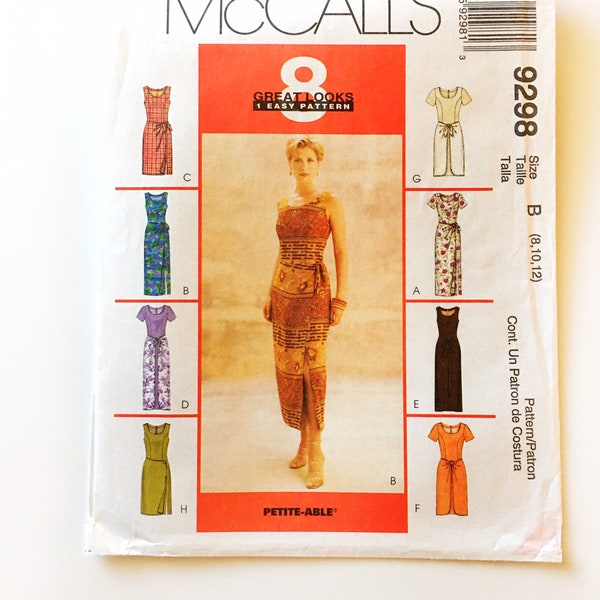 McCall's 9298 Front Faux Wrap Sarong Dress Princess Seams Misses 8 10 12 Uncut Sewing Pattern