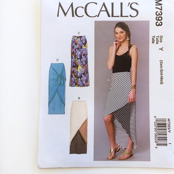 McCall's 7393 Stretch Knit Skirts Hi Lo Hem Sarong Tie Side Slits Misses XS S M Uncut Sewing Pattern