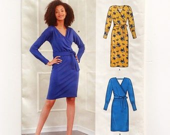 Patrón de costura sin cortar para vestido cruzado de punto con cinturón y mangas largas y escote en V para señoritas de New Look 6680, tallas 6 a 18