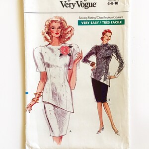 Patrón de costura sin cortar Vogue 7424 de la década de 1980 para blusa asimétrica y falda recta para mujeres de 6, 8 y 10 años