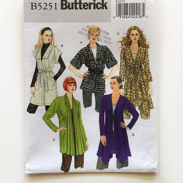 Butterick 5251 Cardigan and Belt With Collar Waterfall Peplum Asymmetrical XS S M Bust 29-36 Uncut Sewing Pattern