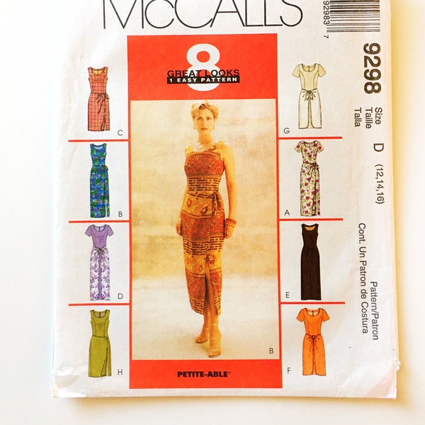 McCall's 9298 Front Faux Wrap Sarong Dress Princess Seams Misses 12 14 16 Uncut Sewing Pattern