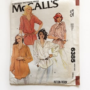 McCall&#39;s 6385 Oversized Bishop Sleeve Pullover Button Shirt Misses 10 12 Bust 32 34 Uncut Sewing Pattern