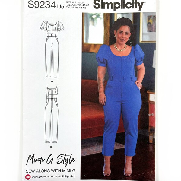 Simplicity 9234 Mimi G Style Jumpsuit Puff Sleeves Sleeveless Scoop Neck Misses 16-24 Plus Size Uncut Sewing Pattern