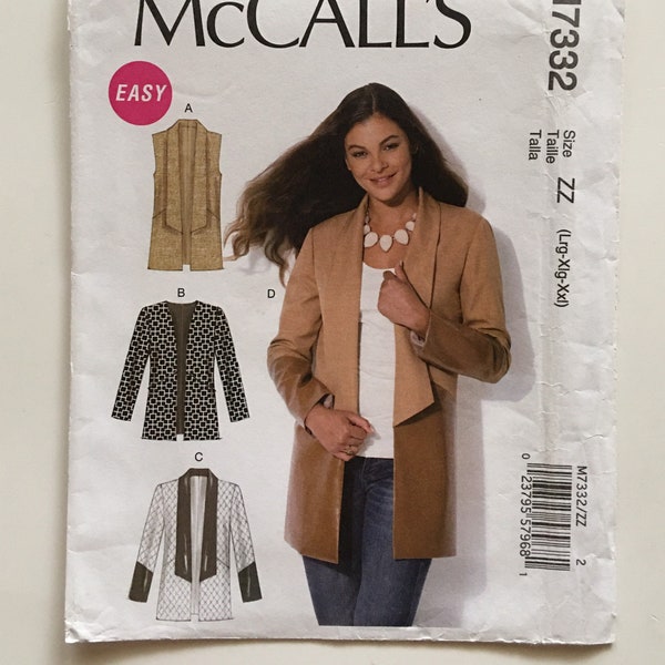 McCall's 7332 Open-Front Vest and Jackets Misses L XL XXL Bust 38-48 Uncut Sewing Pattern